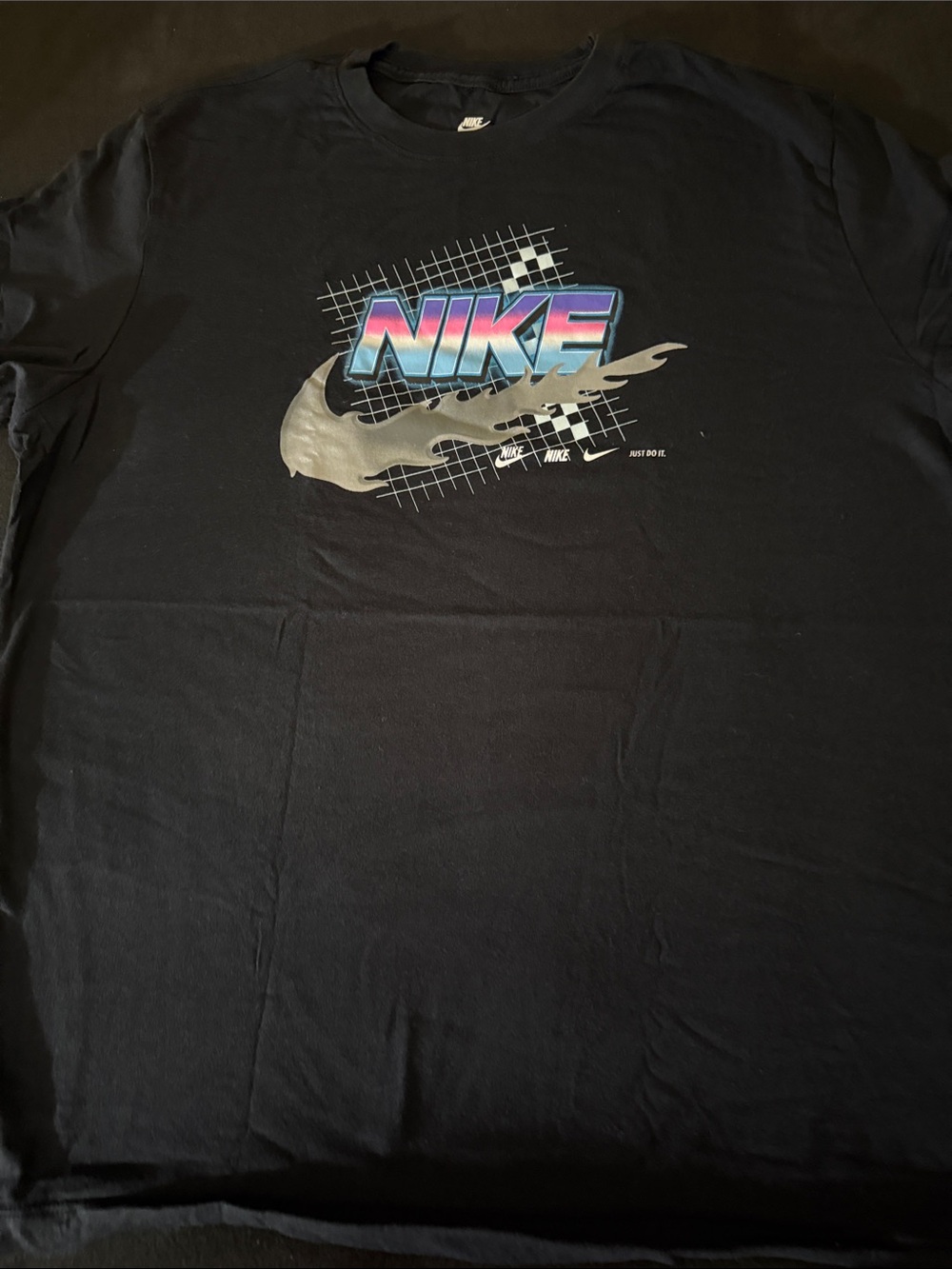 Nike Black Short Sleeve Tee with Retro Blue-Pink Gradient Logo